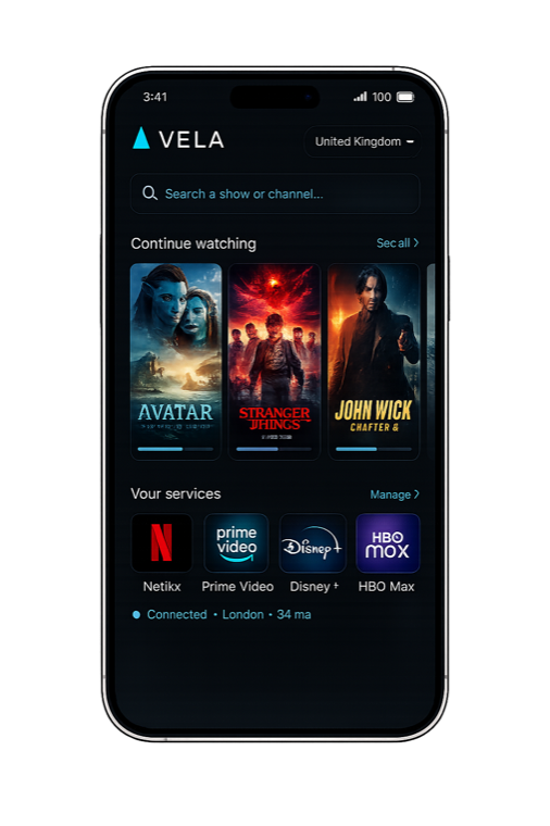 Vela app home screen on iPhone showing continue watching and your services
